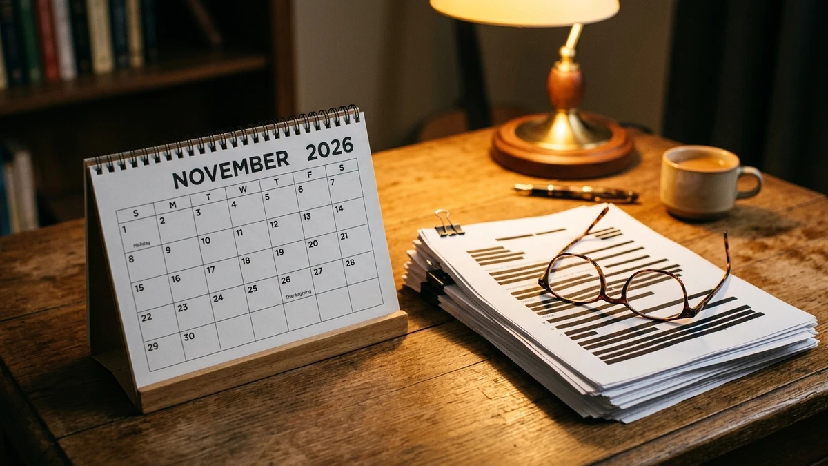 A desk calendar showing November 2026 beside a stack of redacted documents and a pair of glasses