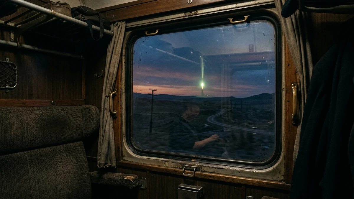 View from inside a 1950s Soviet railway carriage at dusk, with a small luminous greenish-yellow light rising over the Transcaucasian steppe