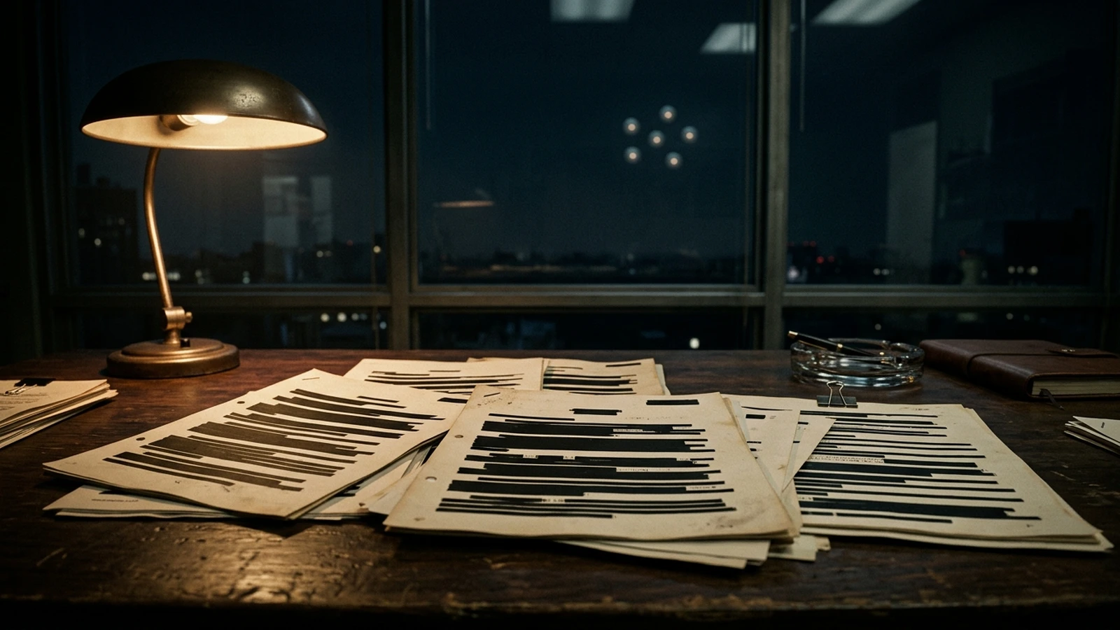 Redacted declassified document pages fanned across a desk, with six faint spherical lights in a night sky behind them