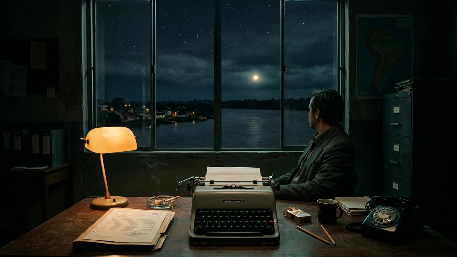 A darkened intelligence office desk with a typewritten confidential file, beside a window overlooking an Amazon river town at night with a light over the water