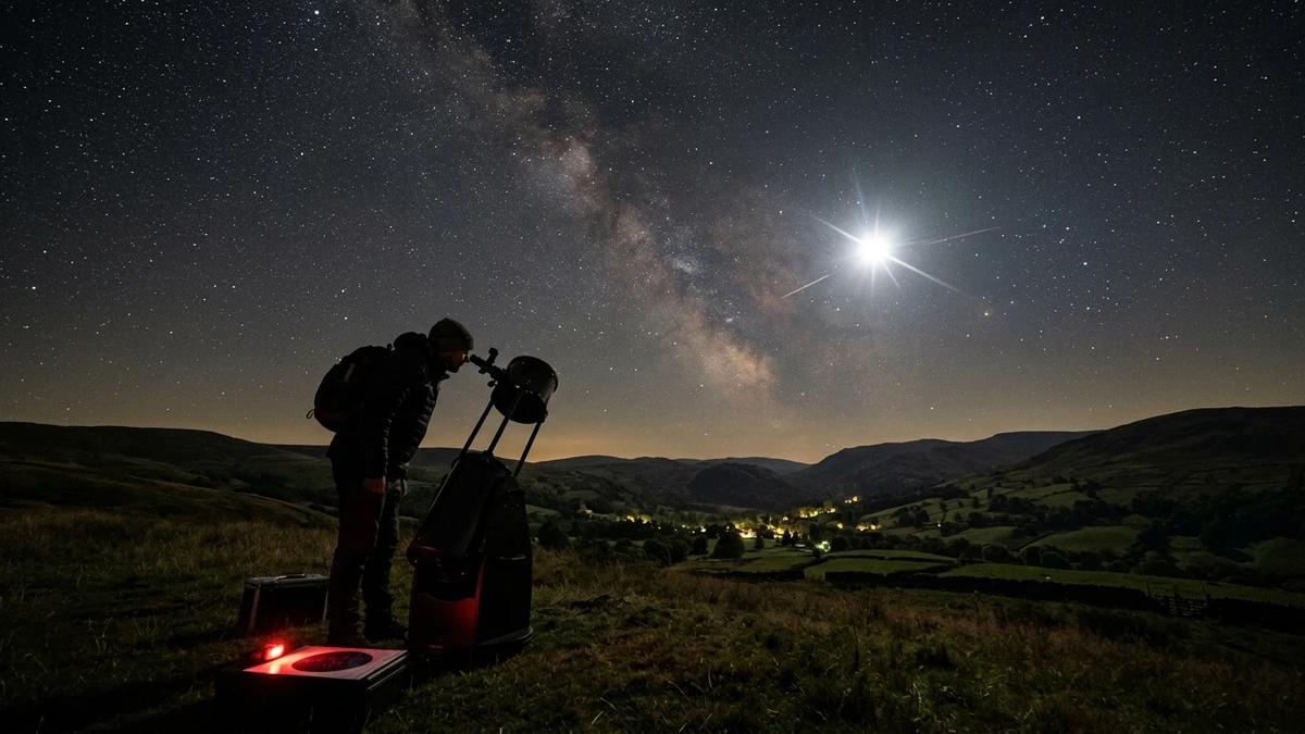 A stargazer with a telescope under a rural night sky crossed by bright satellite trails and one intense flare of reflected light