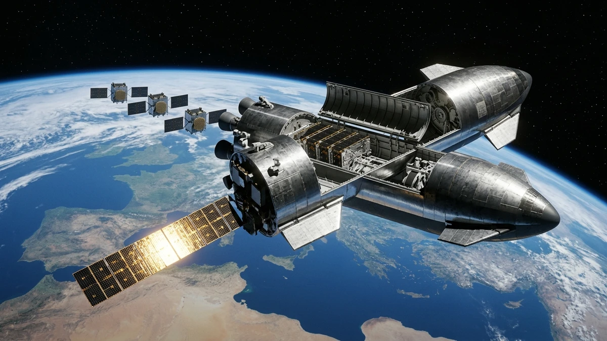 Artist's impression of a large flat Starlink V3 satellite deploying from Starship's open payload bay above the Earth