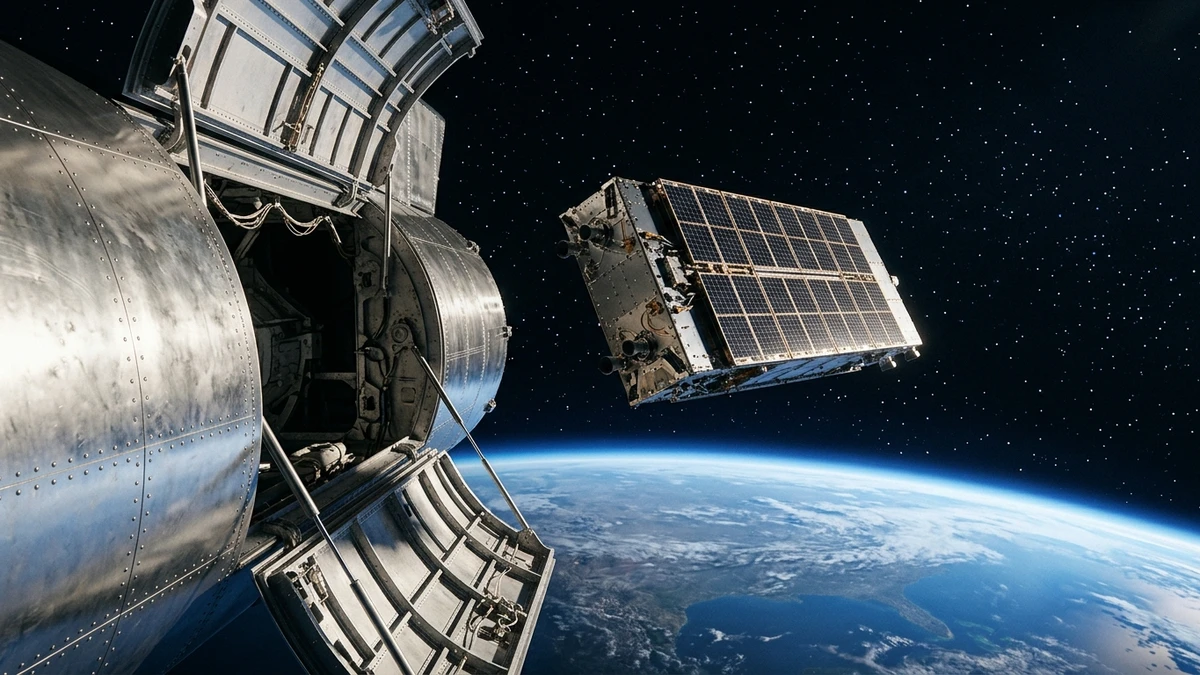 A flat Starlink V3 satellite drifting away from Starship's open payload bay high above the blue curve of Earth