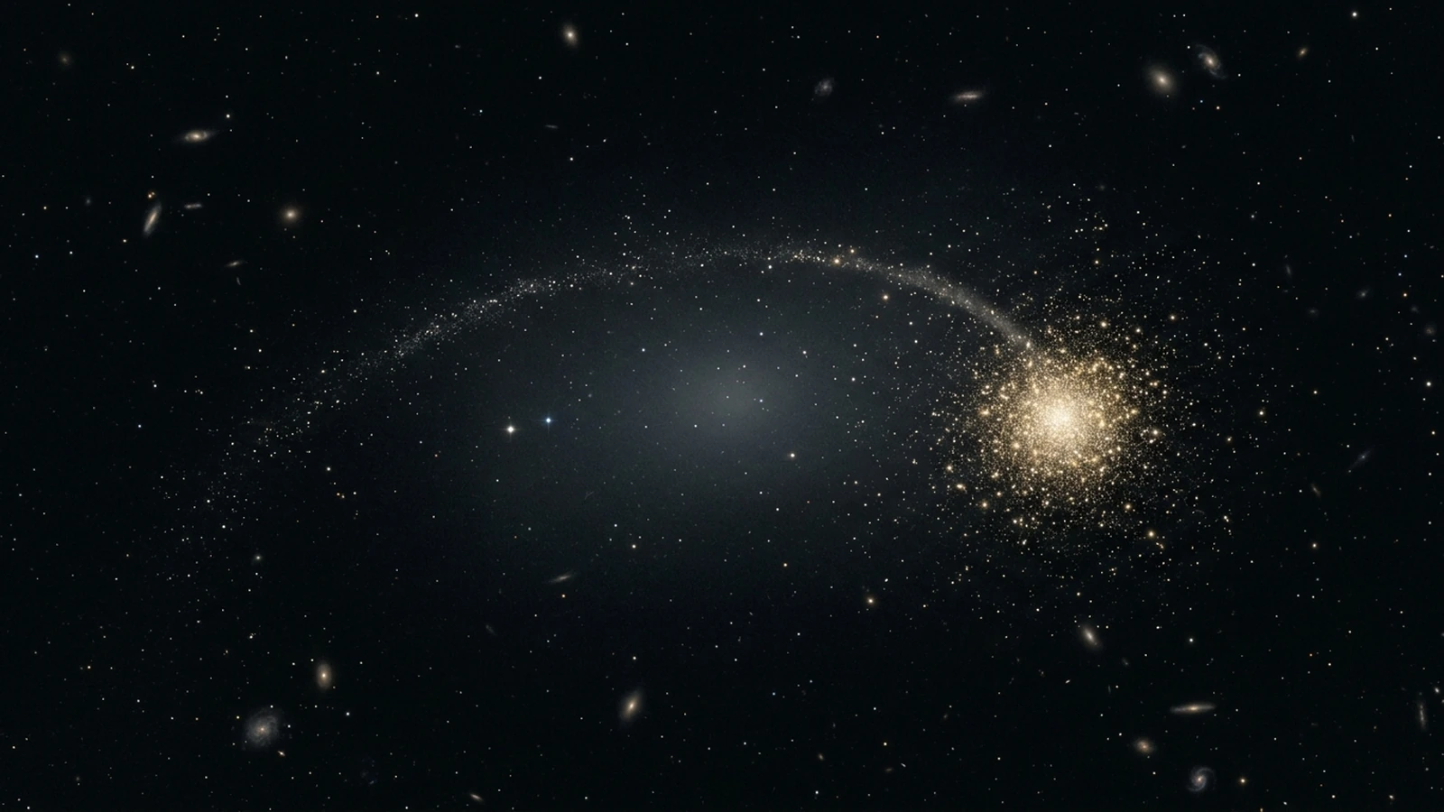 A stellar stream: a thin curving ribbon of pale stars trailing away from a compact star cluster across a faint distant galaxy