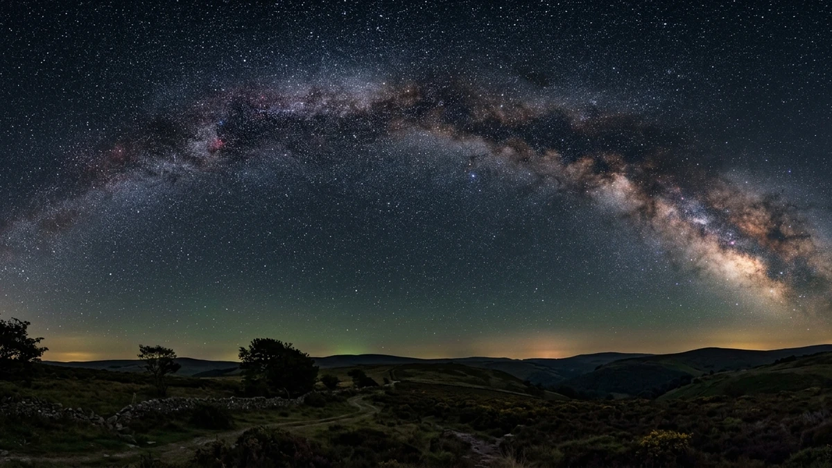 The summer Milky Way arching over a dark UK landscape at night, its band of stars and dust lanes clearly visible