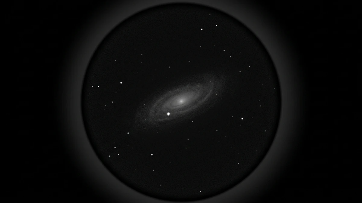 Simulated eyepiece view of NGC 7331 at 120x magnification in a 200mm telescope, showing the elongated galaxy with a bright core and the supernova as a sharp point just south-east of it