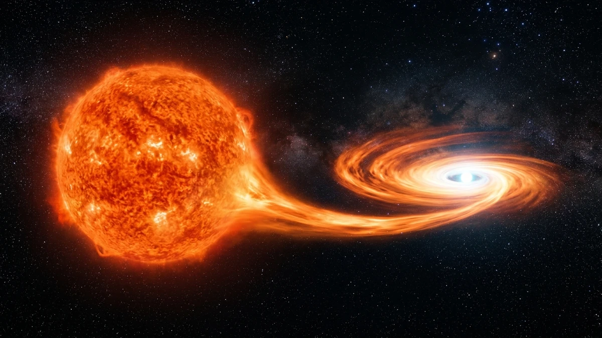 Illustration of a white dwarf pulling a stream of gas from a companion star shortly before exploding as a Type Ia supernova