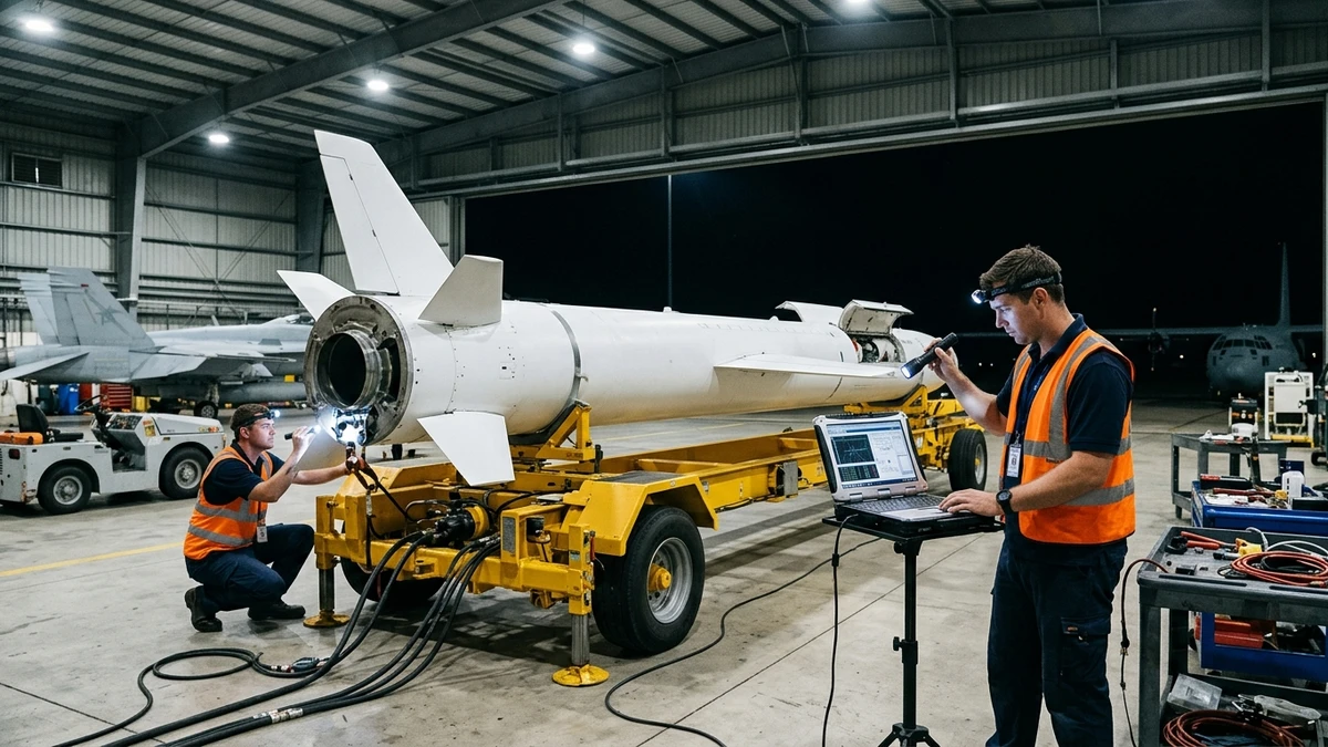 Engineers inspecting the white Pegasus XL rocket in a floodlit hangar at Kwajalein Atoll