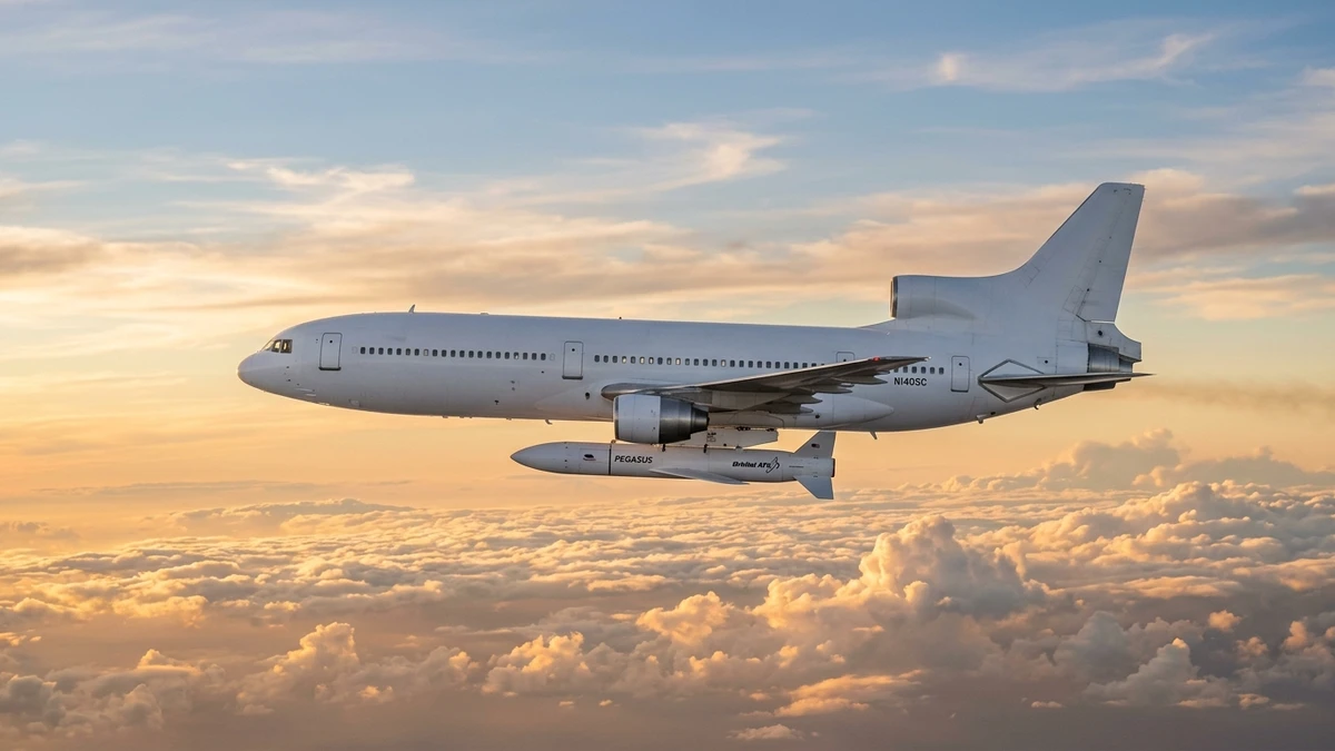 The Stargazer L-1011 aircraft flying over the Pacific with the white Pegasus XL rocket still mated beneath its fuselage