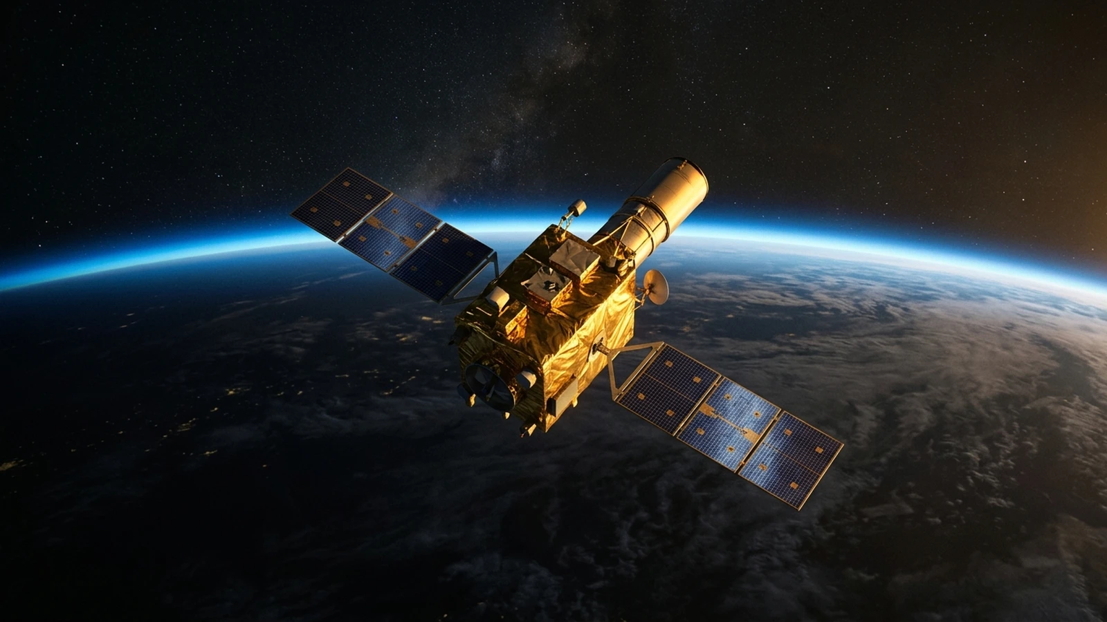 NASA's Swift Observatory descending towards the glowing blue arc of Earth's upper atmosphere