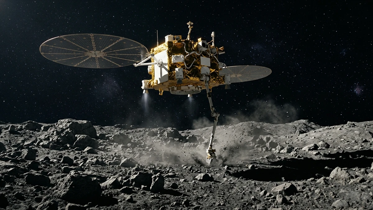 The Tianwen-2 spacecraft hovering just above the boulder-strewn grey surface of Kamo'oalewa with its robotic sampling arm extended