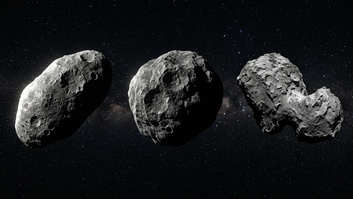 Three possible shapes for asteroid Torifune shown in silhouette: a single elongated rock, a rounded boulder, and a two-lobed contact binary