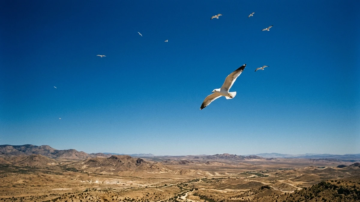 Several white gulls soaring very high in a cloudless deep-blue desert sky, most of them reduced to small bright specks