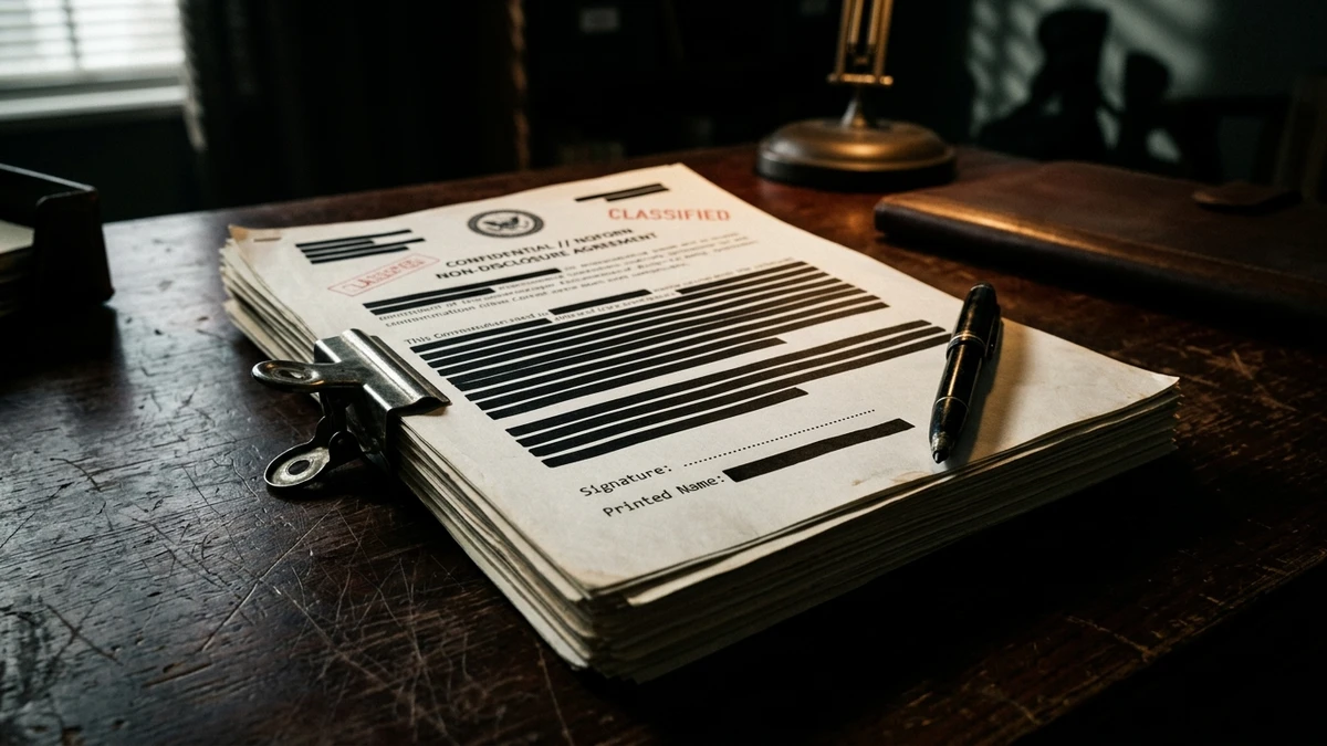 A stack of redacted classified documents with heavy black bars and a signed non-disclosure agreement, symbolising legal secrecy around UAP witnesses