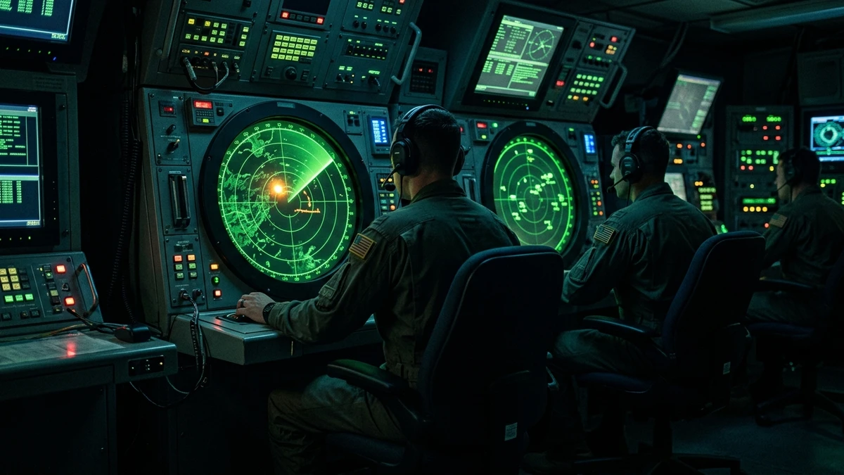 Military radar operators in a dark control room watching an unidentified contact on a glowing green display