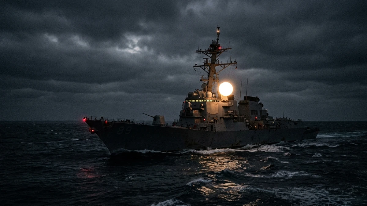 A US Navy warship at sea at night with a bright unidentified light hovering close to the bridge windows