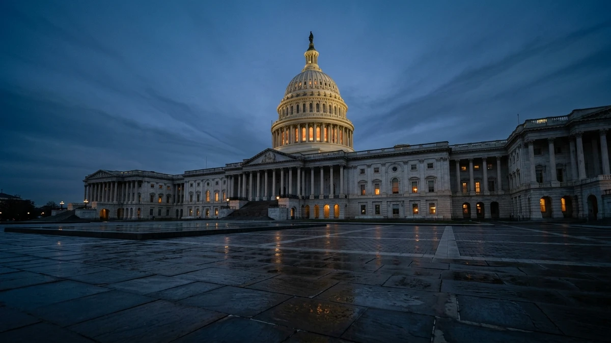 The US Capitol dome at dusk seen from a low angle across an empty plaza, warm light in a few windows