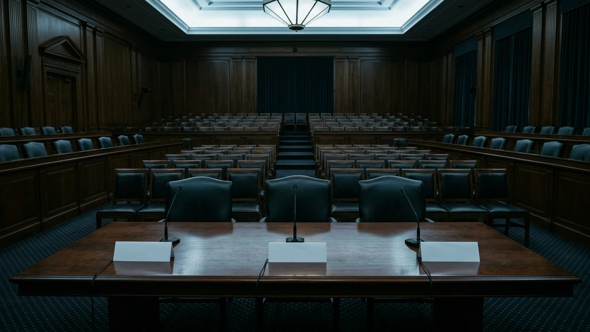 Three microphones on a long wooden hearing table in an empty committee room, name cards face down