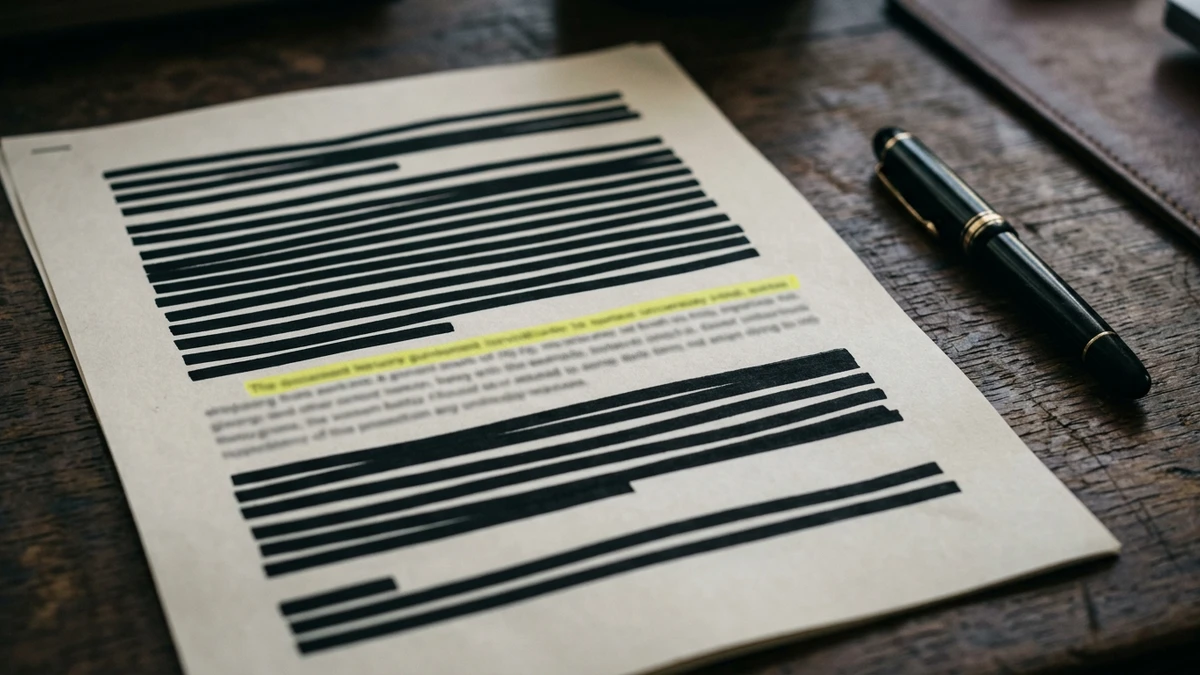 A non-disclosure agreement on a desk with almost every line blacked out and a single short paragraph left readable and highlighted in yellow