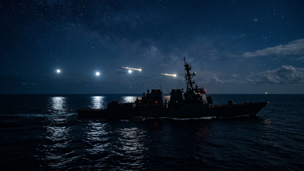 A US Navy destroyer at night with multiple unidentified lights moving above it near the horizon