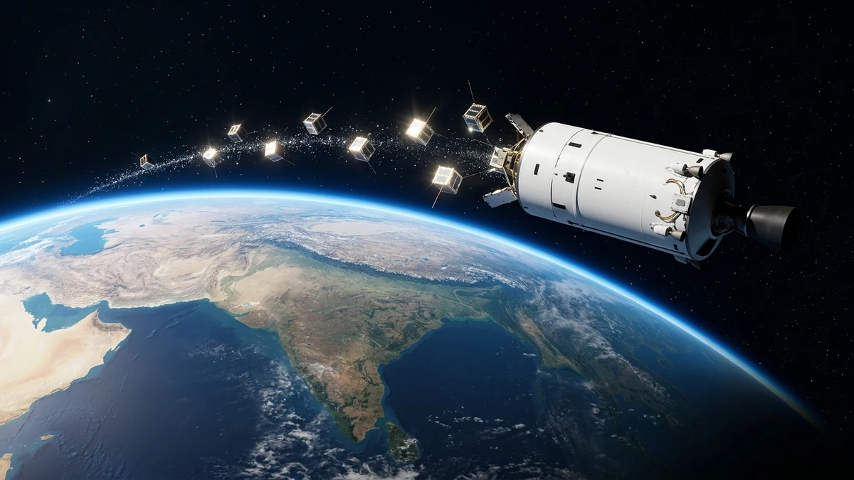 Vikram-1's upper stage releasing small satellites into orbit high above India, with the curve of the Earth and the blue glow of the atmosphere below