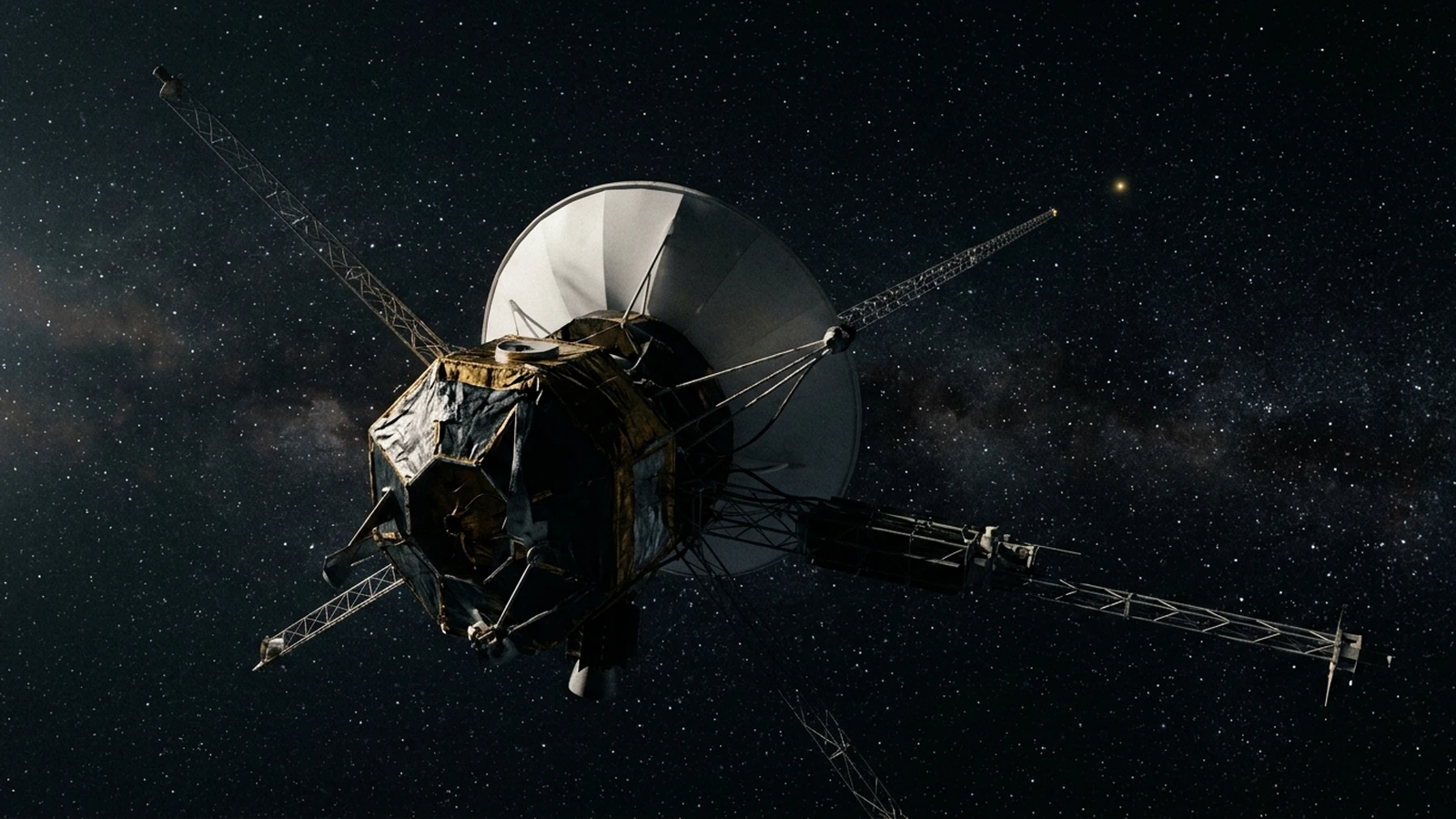 NASA's Voyager 2 spacecraft with its dish antenna and instrument booms, drifting through the darkness of interstellar space