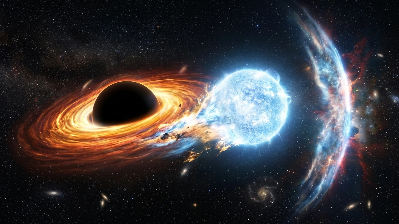 Artist's impression of a black hole tearing apart a massive star, with a bright blue-white blast of light and a shock wave racing outward into space