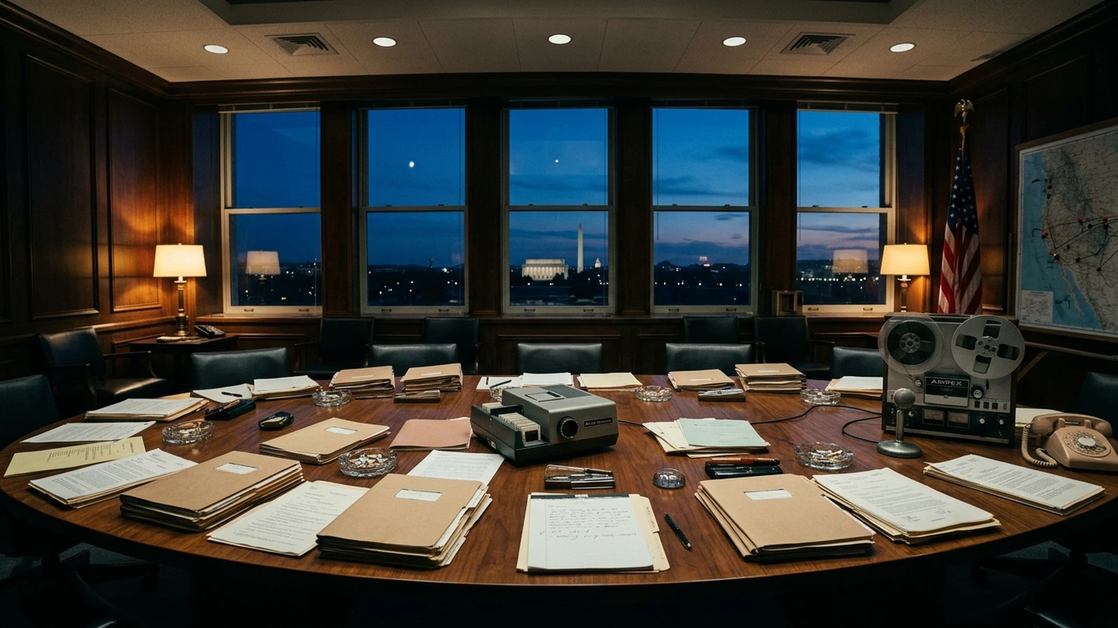 An empty 1960s Pentagon conference room at dusk, the long table covered in manila case files, a slide projector and a tape recorder, with Washington under a twilight sky through the windows
