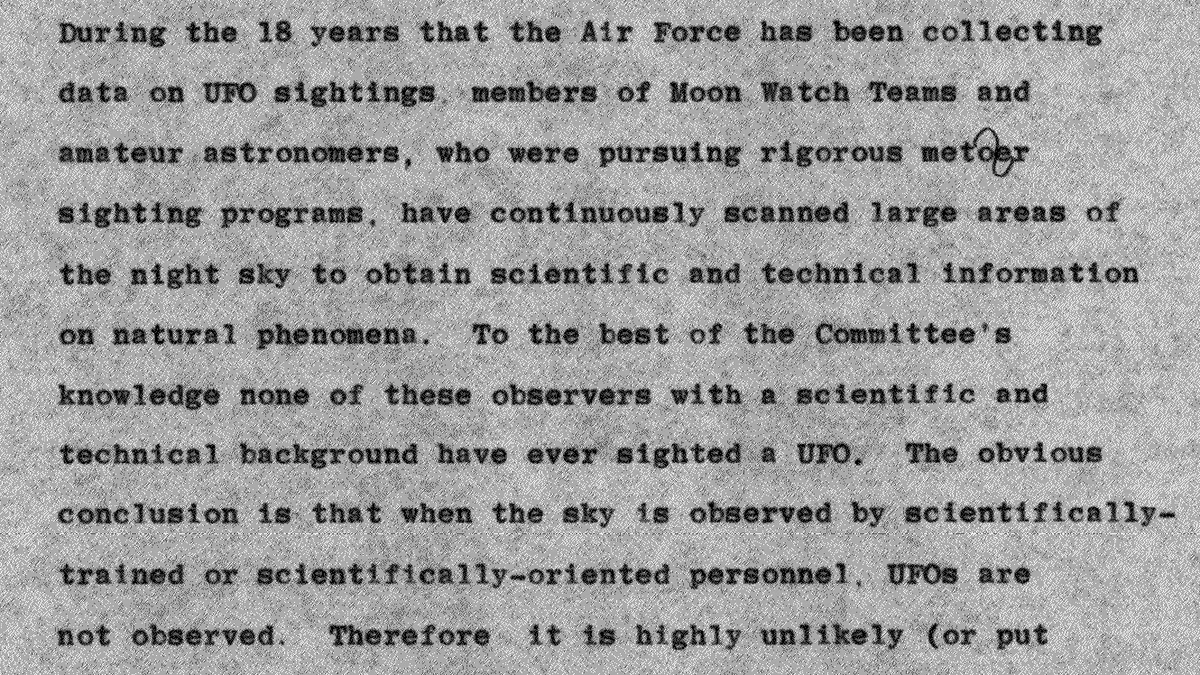 Typed page from the 1966 committee's verbatim notes saying Moon Watch teams and amateur astronomers had scanned the night sky for 18 years and none had sighted a UFO