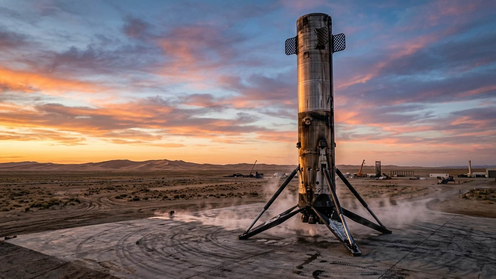 The stainless steel Zhuque-3 first stage standing upright on its landing legs on a desert pad at dawn, steam drifting from its base