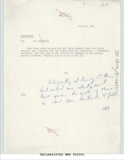 Declassified Secret memorandum with handwritten notes.