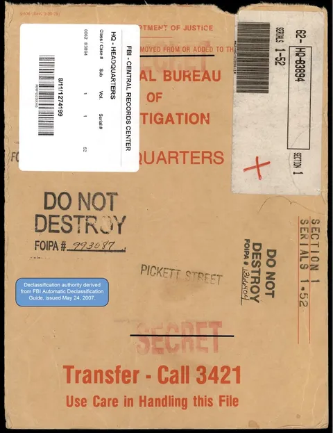 Declassified FBI file cover from the Central Records Center.