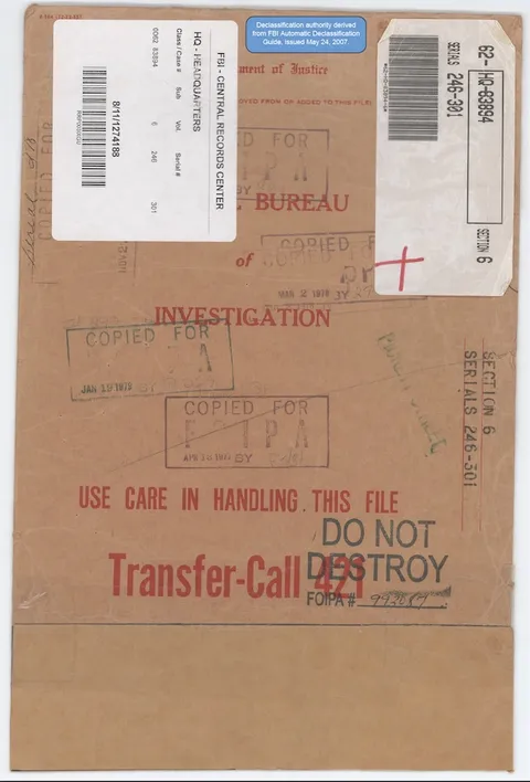 Declassified FBI file cover from the Central Records Center.