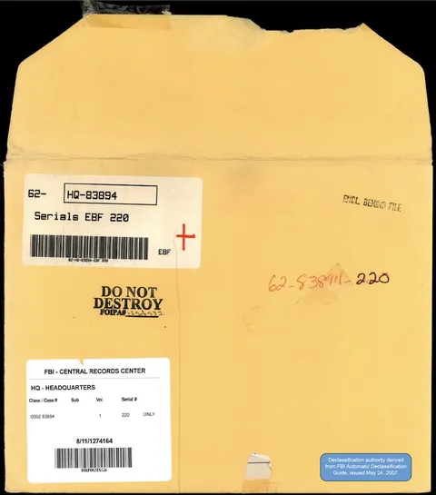 Declassified FBI Headquarters file envelope.