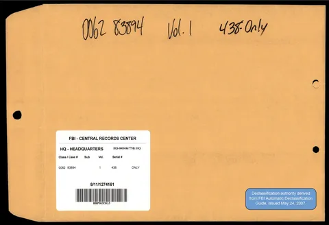 Declassified FBI Headquarters file envelope.