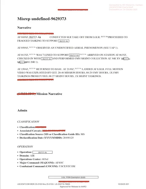 Redacted government mission report document.