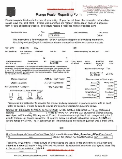Declassified Range Fouler Debrief Form with redacted information.