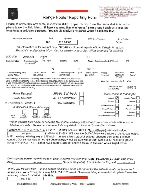 Declassified Range Fouler Debrief Form with redacted information.