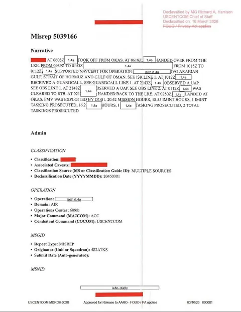 Redacted government mission report document.