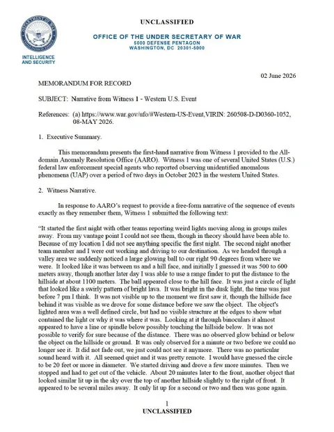 A Department of War memorandum with a witness narrative.