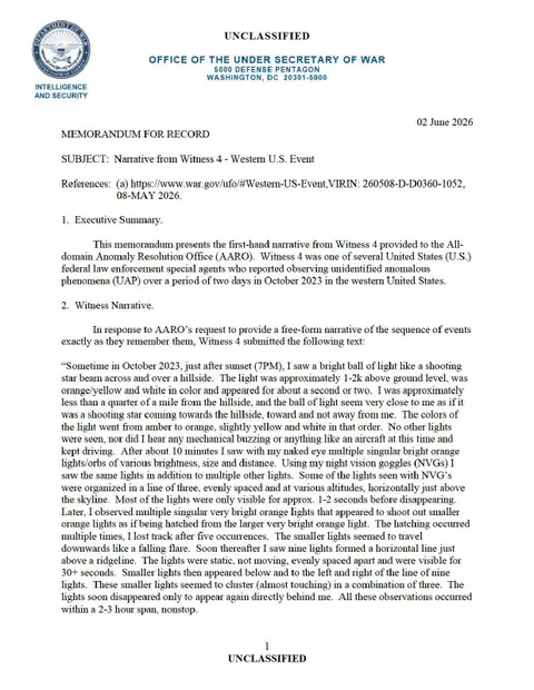 A Department of War memorandum with a witness narrative.
