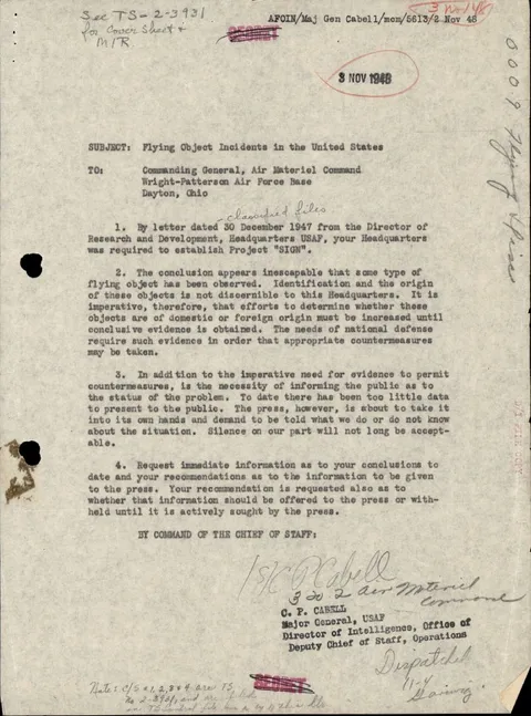 A declassified document regarding "Flying Object Incidents in the United States."