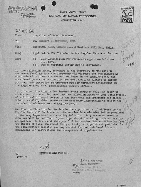 Navy letter about a servicemember’s transfer to the Regular Navy.