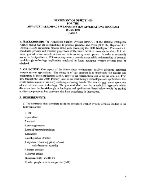 Document listing goals and study areas for an advanced aerospace program.