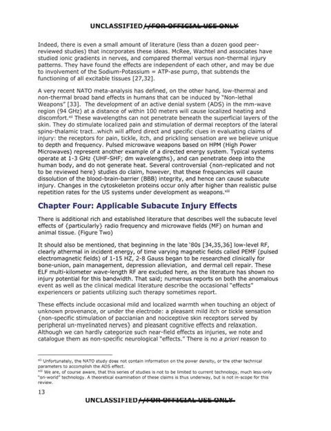 Text page discusses how electromagnetic fields may induce physical sensations or subacute injuries in people and animals.