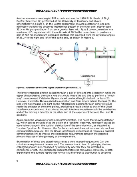 Description of experimental models testing non-locality of entangled systems. Includes a diagram of a 1998 experiment using photon detector arrays.