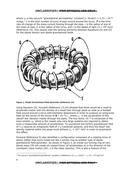 Diagram shows a ring-shaped dipole gravitational field generator. The text suggests that extremely high-density exotic matter would be required to achieve an antigravitational acceleration.