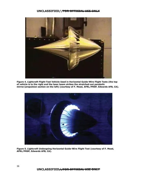 Two images show a "lightcraft" test vehicle and guide wire.