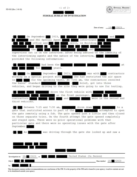 Heavily redacted Federal Bureau of Investigation official record.