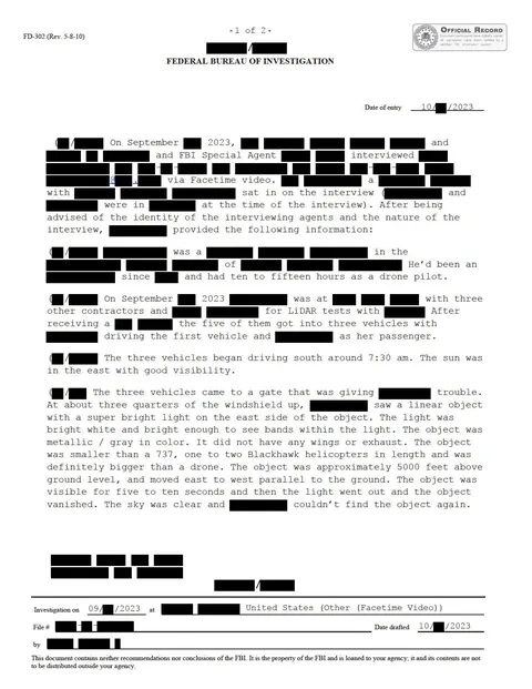 Heavily redacted Federal Bureau of Investigation official record.